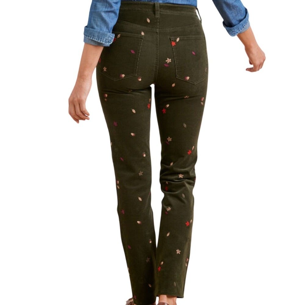 Talbots 4P Stretch Corduroy Straight Embroidered Acorn Leaves Olive Green Pants
